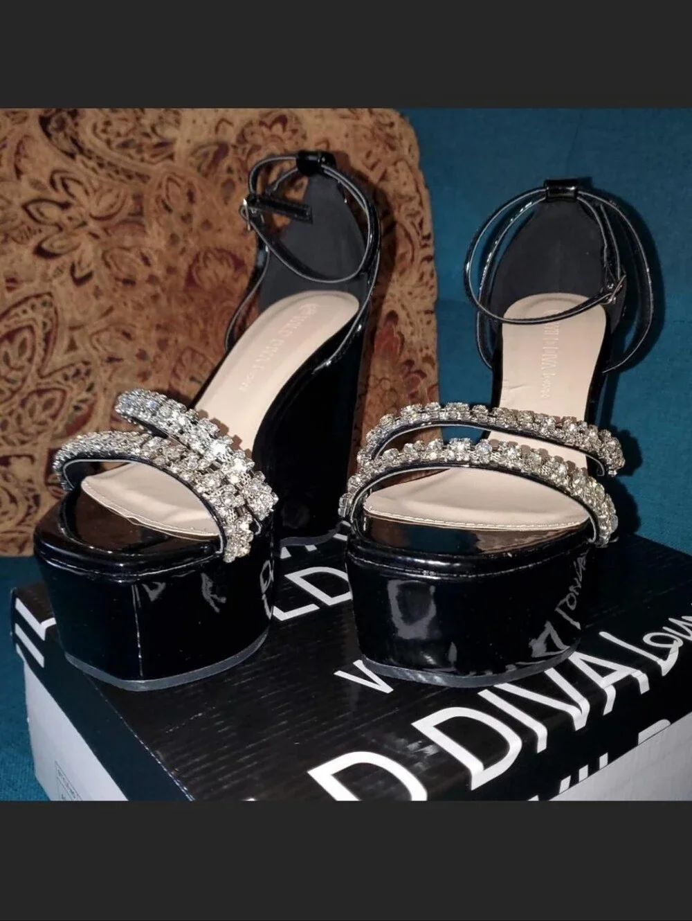 *NEW IN BOX!!!* Black Patent Platform Wedge Heels with Crystal Straps